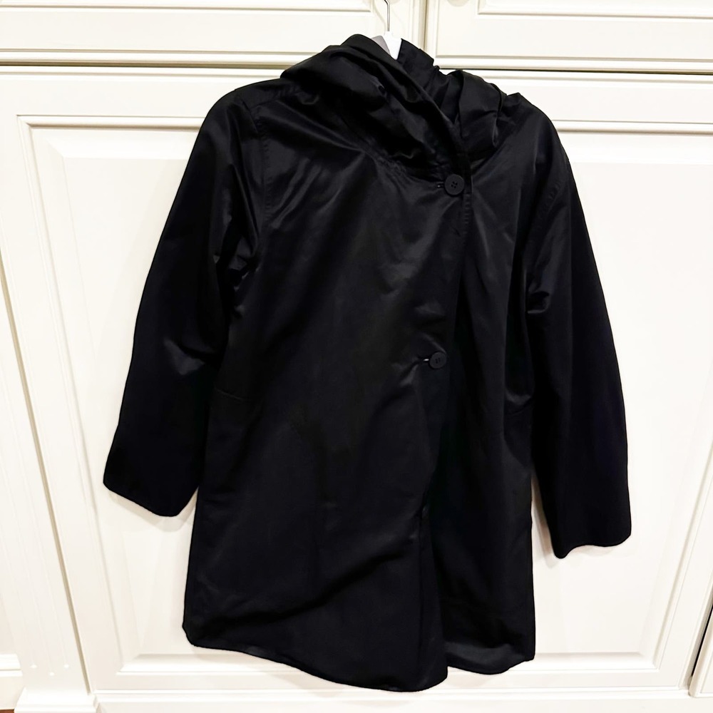 Eileen Fisher Women’s‎ Reversible Coat Jacket Black Grey Hooded Cotton Nylon